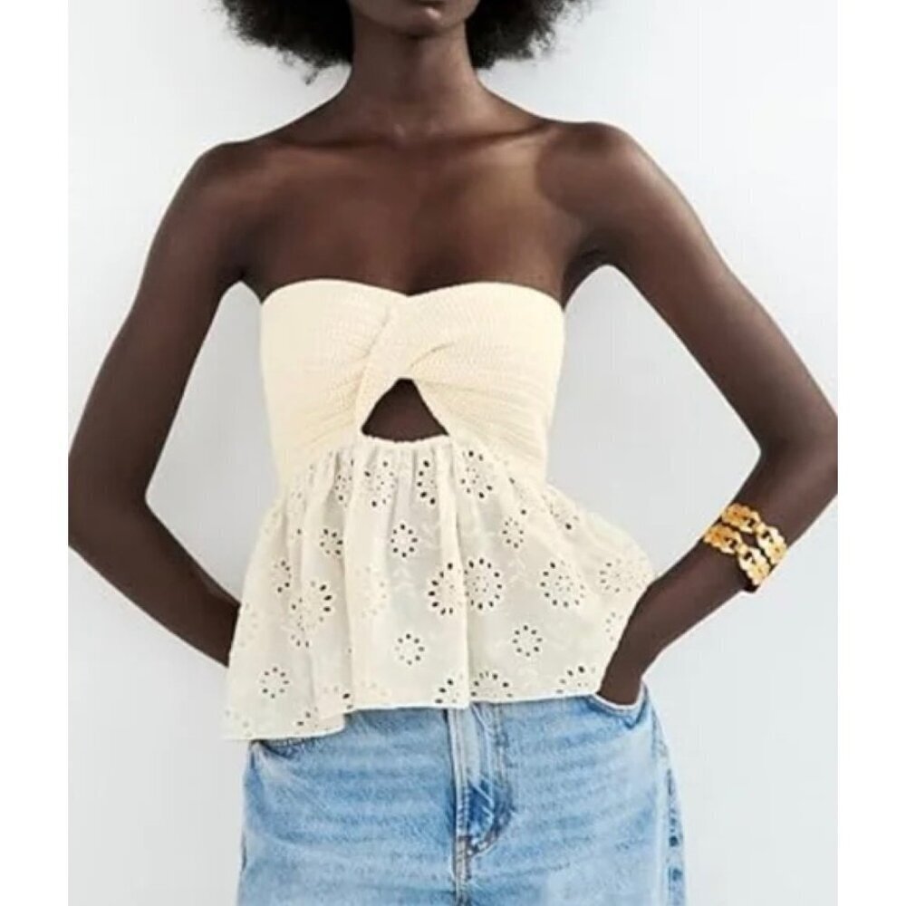 NWT MICAS Beige Knot Front Crochet Knit Embroidered Tube Top